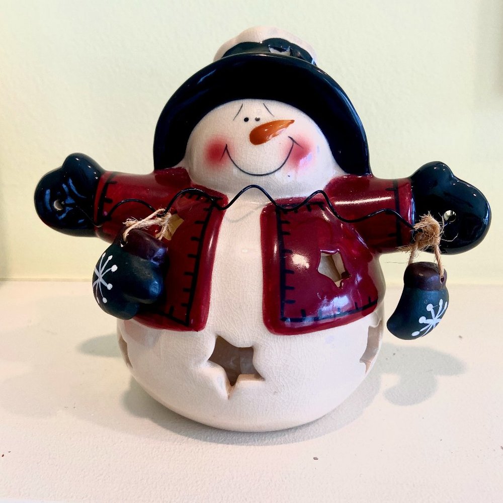 Crazy Mountain Snowman Top Hat and Mittens Tea light Candle